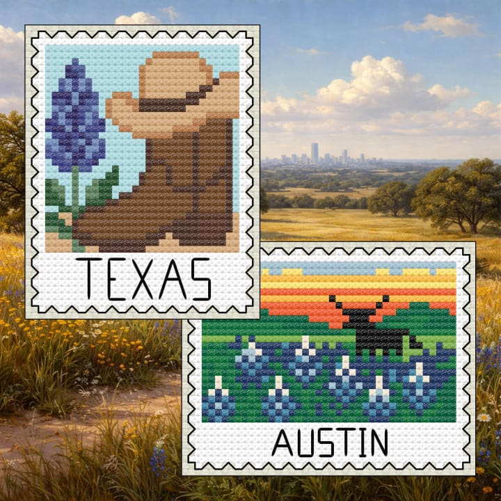 Texas Cross Stitch Bundle: Cowboy Boot + Austin Longhorn Stamp (2 Patterns) cross-stitch pattern preview