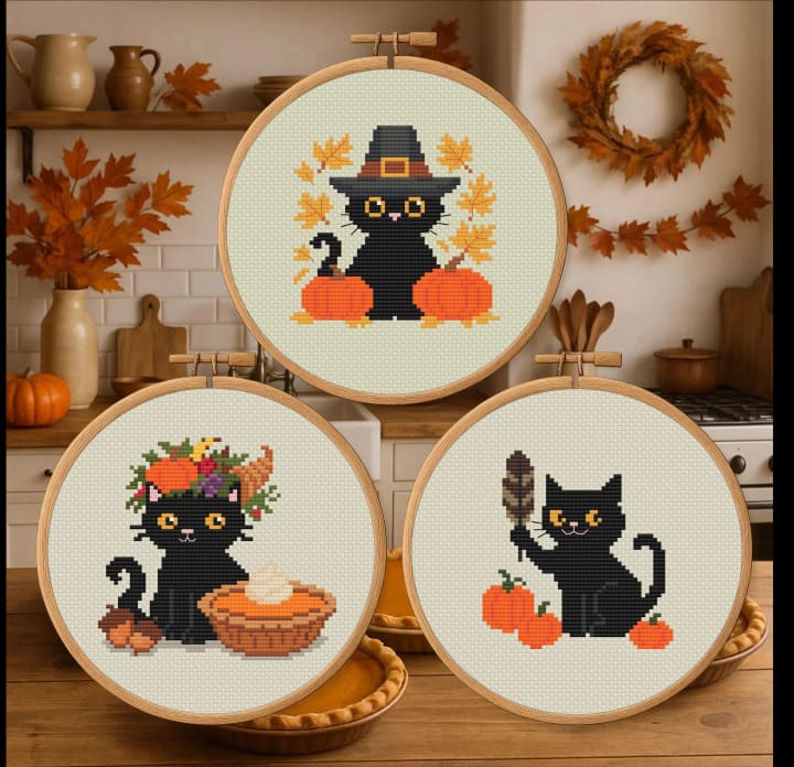 Thanksgiving Stitch Trio – Holiday Cat Bundle cross-stitch pattern preview