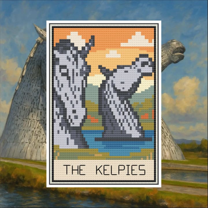 The Kelpies of Falkirk – Scotland Postcard cross-stitch pattern preview