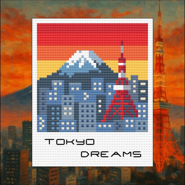 Tokyo Skyline: Mount Fuji & Tokyo Tower cross-stitch pattern preview