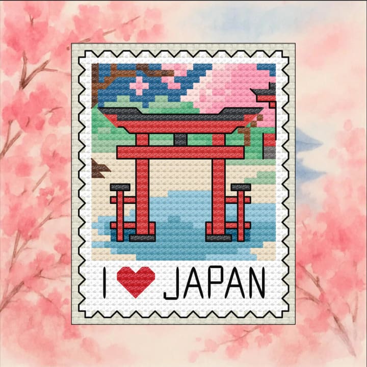 Torii Gate – Japanese Cherry Blossom Shrine cross-stitch pattern preview