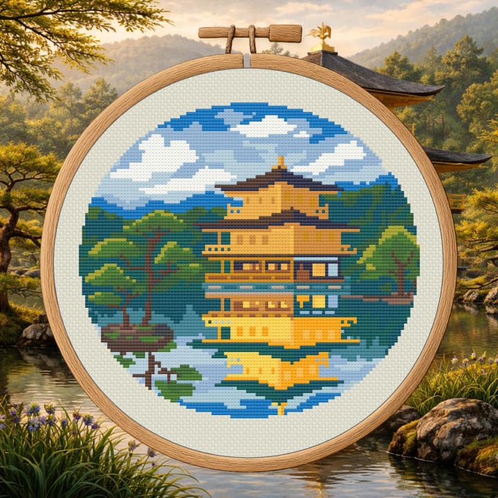 Tranquil Pagoda by the Lake – Japanese Pagoda Landscape cross-stitch pattern preview