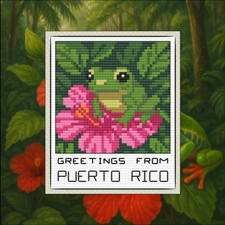 Travel Snapshot Collection – Puerto Rico Frog & Hibiscus cross-stitch pattern preview