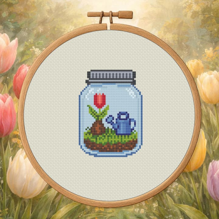 Tulip Terrarium Jar – Tulip & Watering Can cross-stitch pattern preview