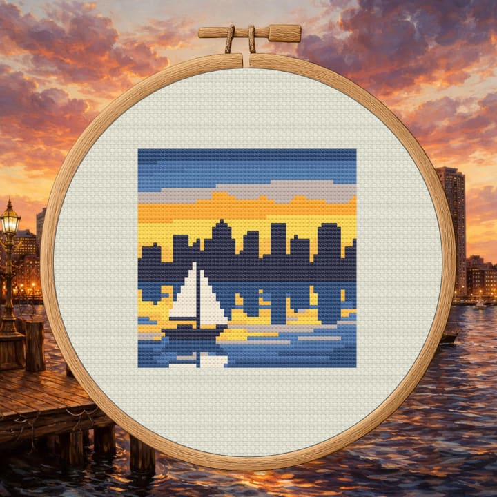 Twilight Over Boston Harbor – Boston Skyline cross-stitch pattern preview