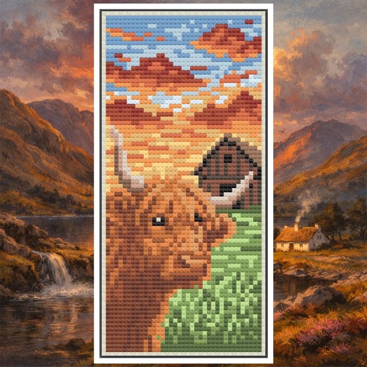 Twilight Over the Highlands – Moody Highland Cow cross-stitch pattern preview
