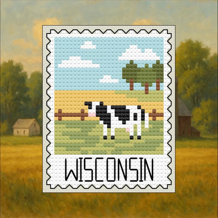 Udderly Midwest! – Wisconsin – US State Postage Stamp Series cross-stitch pattern preview