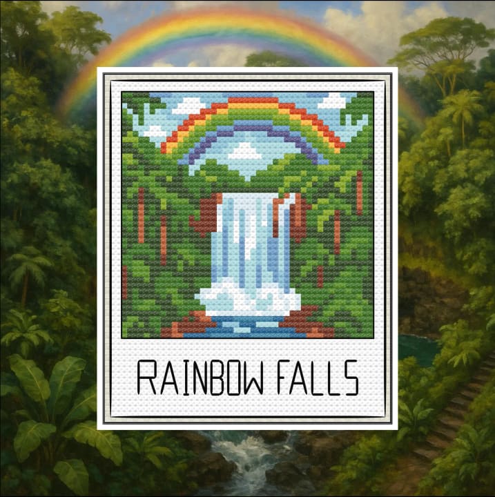 US State Travel Snapshot – Hawaii (Rainbow Falls) cross-stitch pattern preview