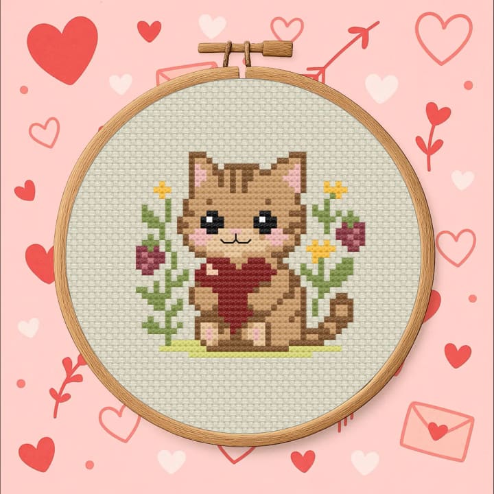 Valentine Cat – Heart & Flowers cross-stitch pattern preview