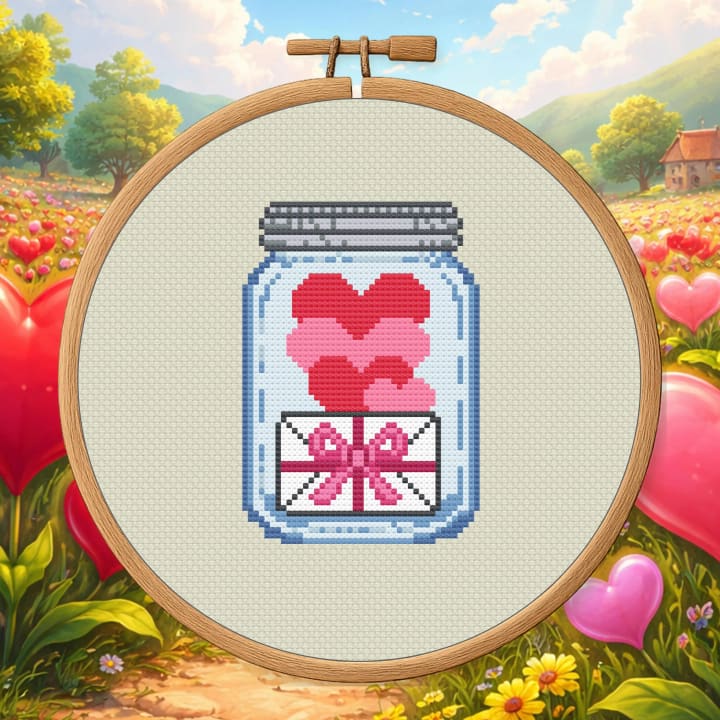 Valentine’s Day Jar – Hearts & Love Letter cross-stitch pattern preview