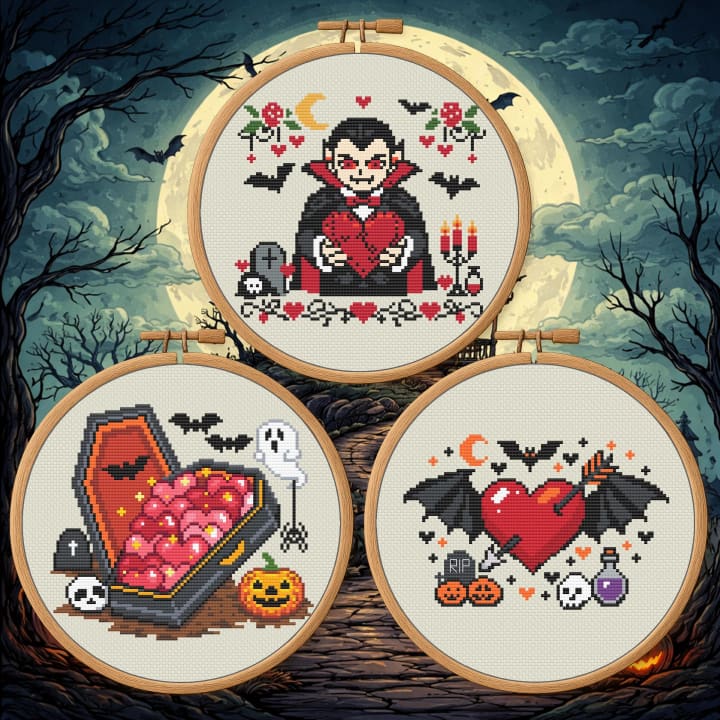 Valentines Vampire Trio – Spooky Valentine Bundle cross-stitch pattern preview