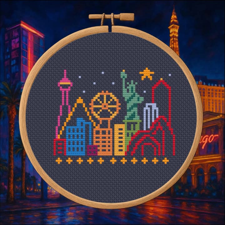 Vegas Neon Skyline – Retro City – Bright Urban Silhouette cross-stitch pattern preview