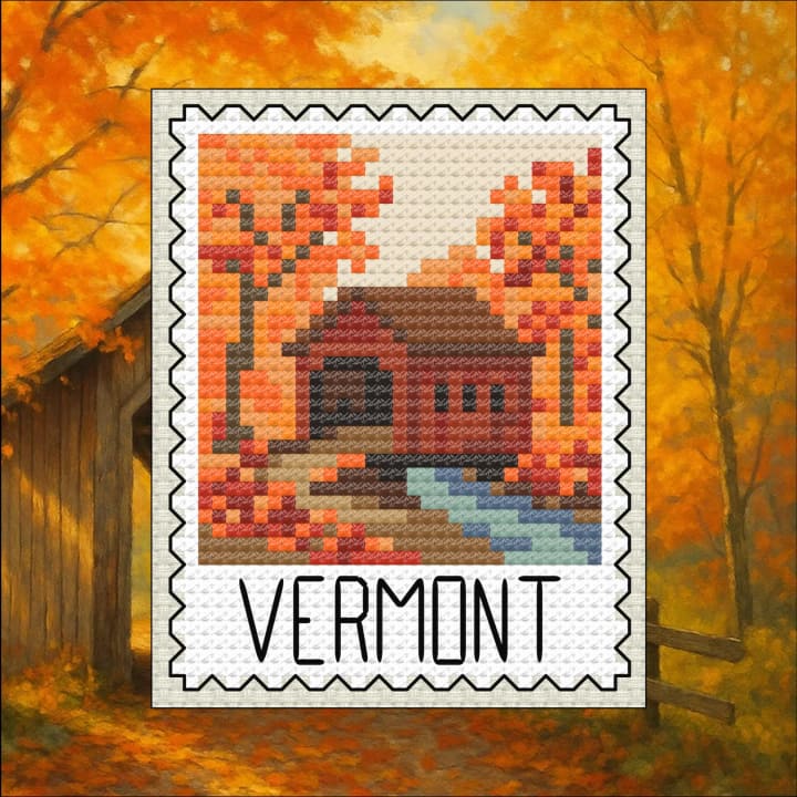 Vermont Autumn: Covered Bridge, Fall Foliage cross-stitch pattern preview