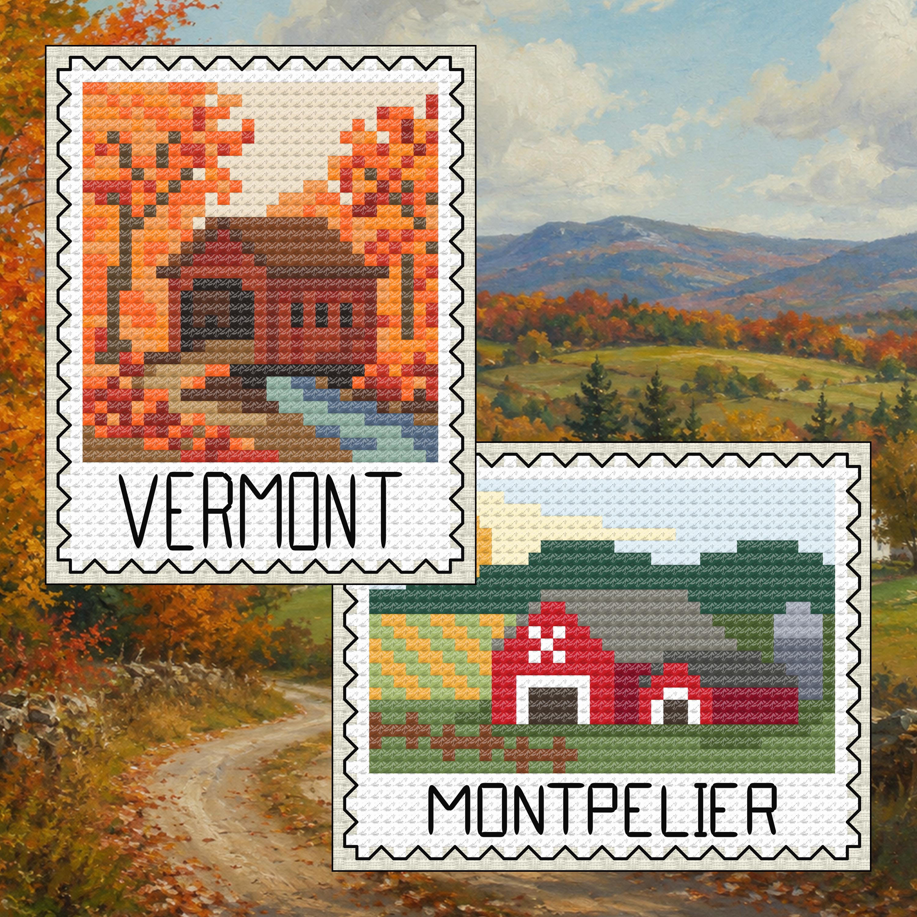 Vermont Cross Stitch Pattern Bundle: Vermont Covered Bridge Autumn Stamp + Montpelier Farm Landscape Set cross-stitch pattern preview