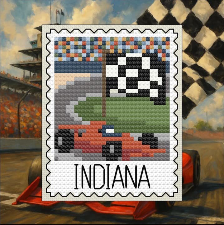 Victory Lap – Indiana – US State Postage Stamp Series cross-stitch pattern preview