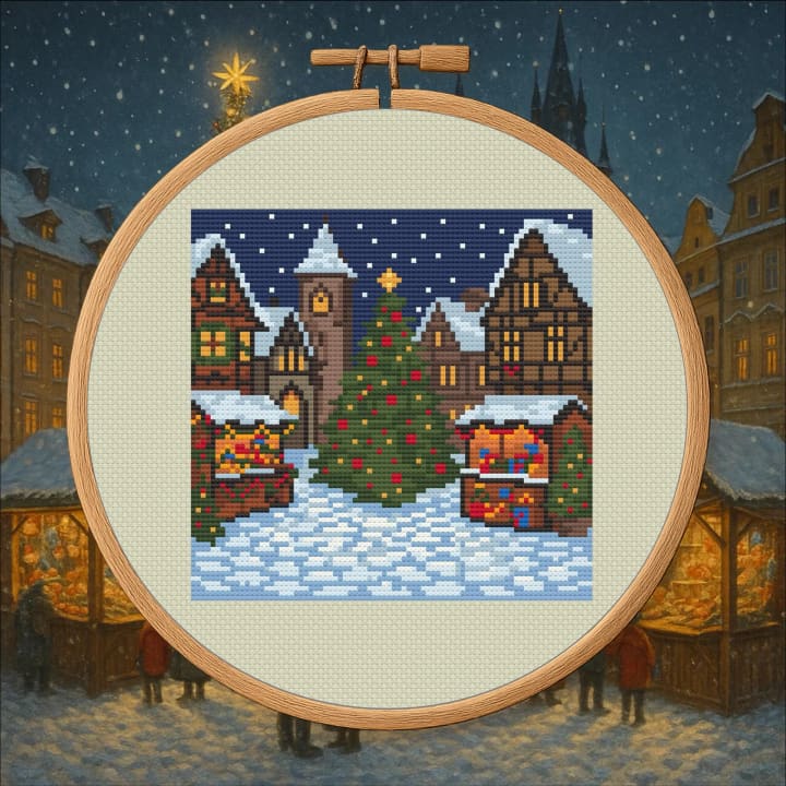 Village Christmas Market – Winter Scene cross-stitch pattern preview