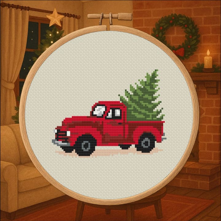 Vintage Holiday Haul - Red Truck Christmas cross-stitch pattern preview