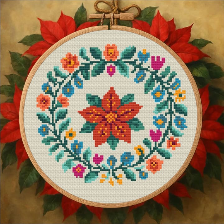 Vintage Poinsettia Wreath – Holiday Floral cross-stitch pattern preview