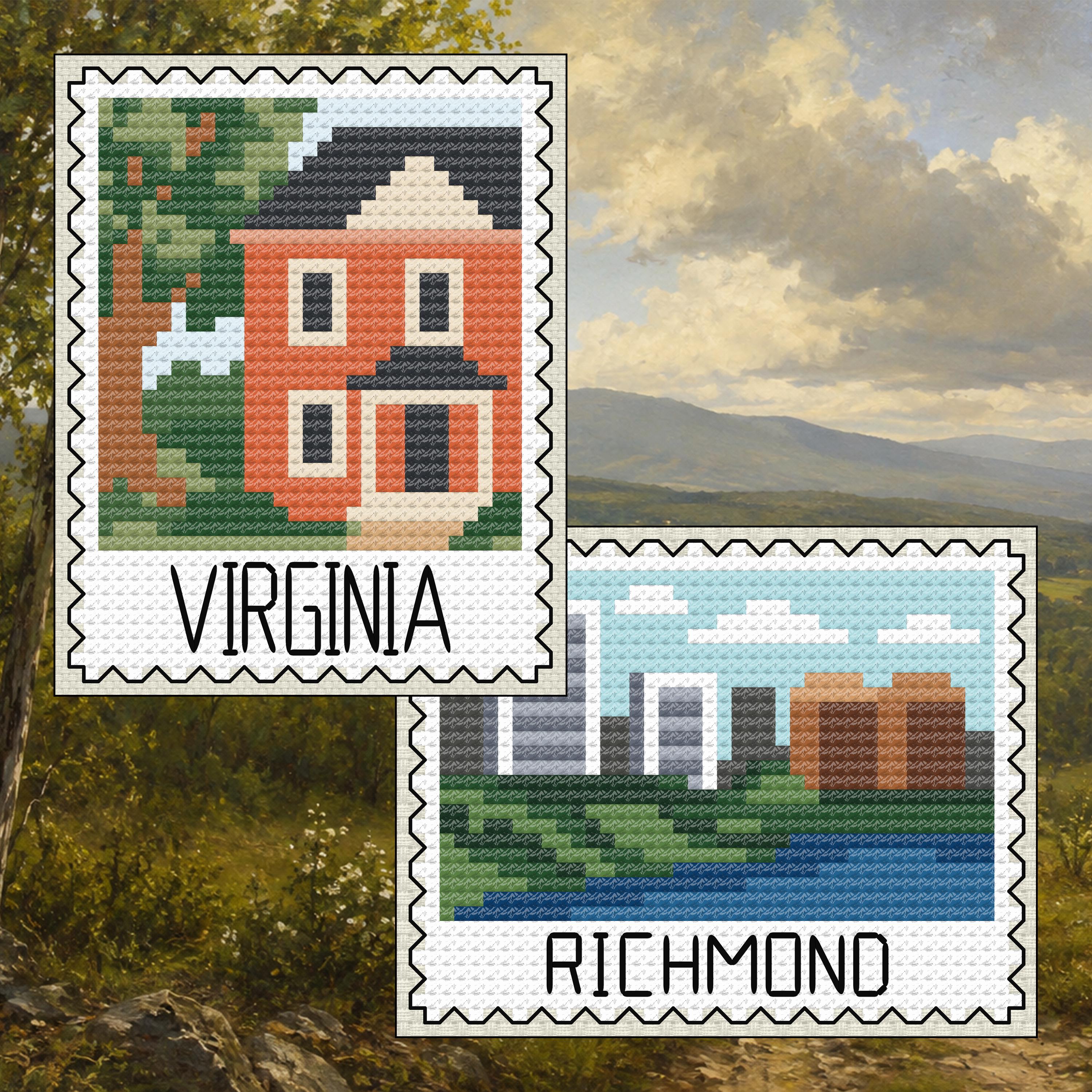 Virginia Cross Stitch Pattern Bundle: Virginia Colonial Homestead Stamp + Richmond Riverfront Skyline Set cross-stitch pattern preview