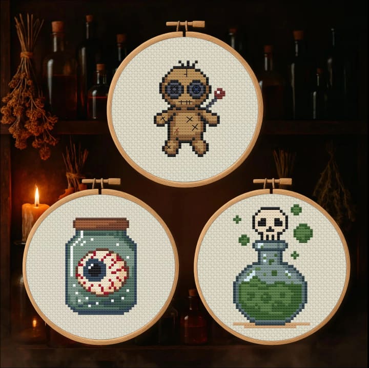 Warlock Starter Kit Bundle: Spooky Eyeball, Voodoo Doll cross-stitch pattern preview