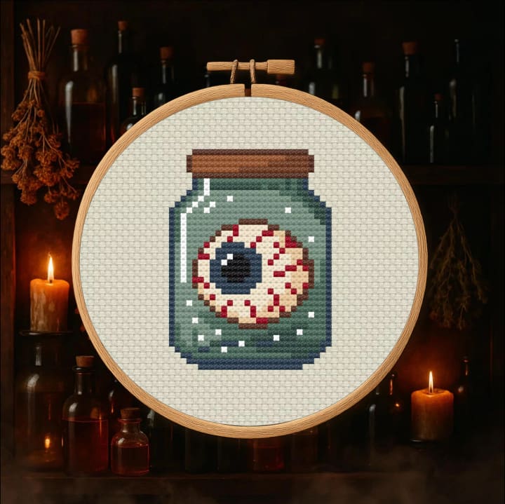 Warlock Starter Kit – Eyeball in Jar Cross Halloween Stitch Pattern cross-stitch pattern preview
