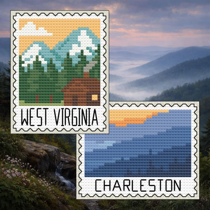 West Virginia Cross Stitch Bundle: Mountain Cabin Sunset + Charleston Blue Ridge Sunrise Stamps cross-stitch pattern preview