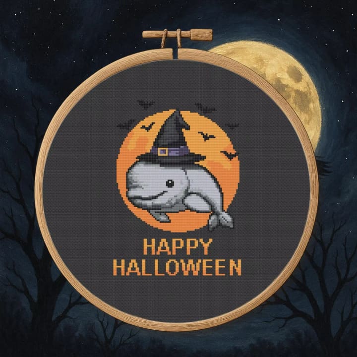 Whale-o-Ween – Beluga Whale Witch – Halloween cross-stitch pattern preview