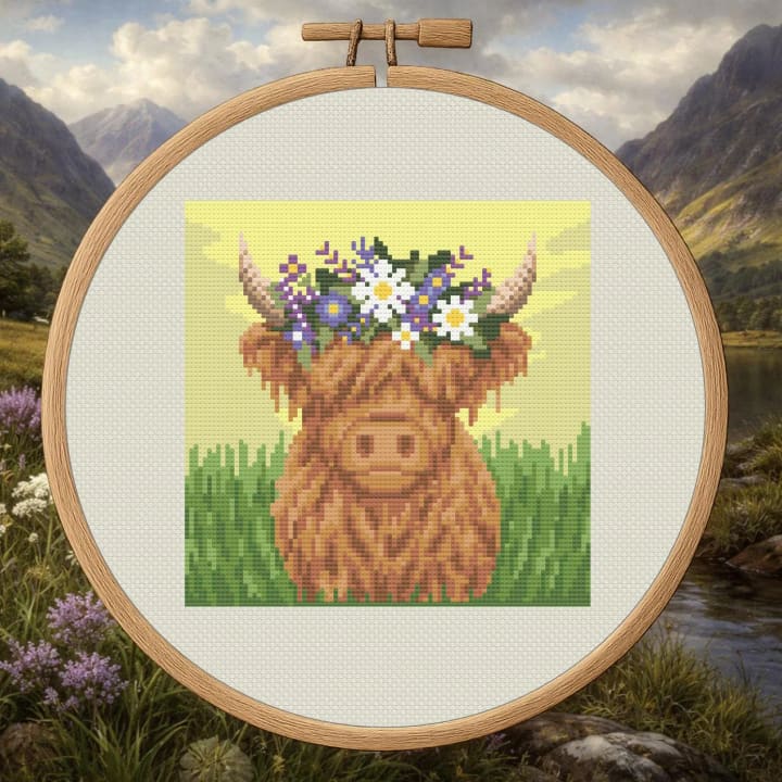 Wildflower Crowned Moo – Highland Cow Flower Crown cross-stitch pattern preview