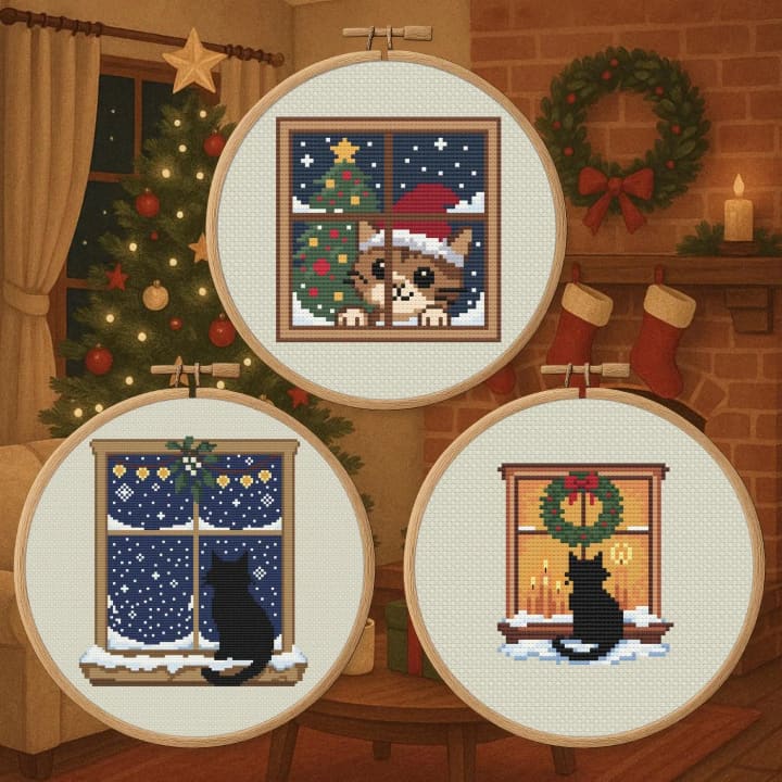 Winter Cat Cross‑Stitch Trio: Snowfall Watcher, Yuletide Window Cat,Waiting for Santa cross-stitch pattern preview