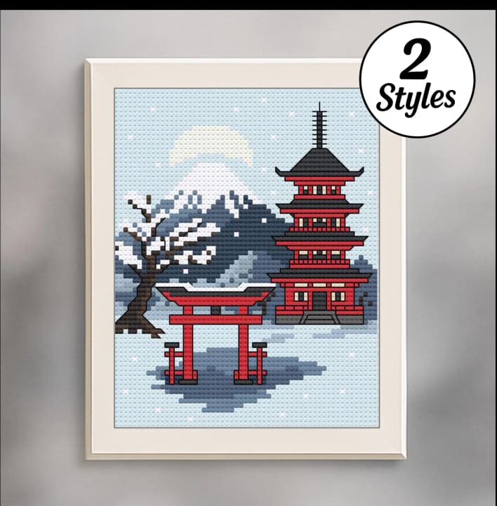 Winter Mt. Fuji – Snowy Japan Landscape | Pagoda & Torii Scene cross-stitch pattern preview