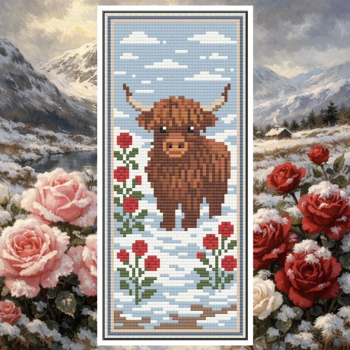 Winter Roses Highland – Highland Cow Bookmark cross-stitch pattern preview