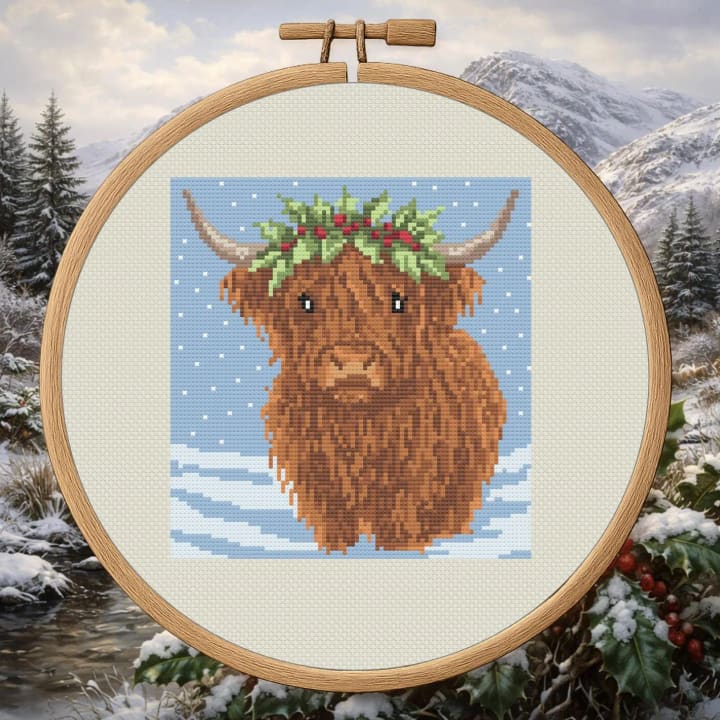 Winter Solstice Highland – Highland Cow Winter cross-stitch pattern preview