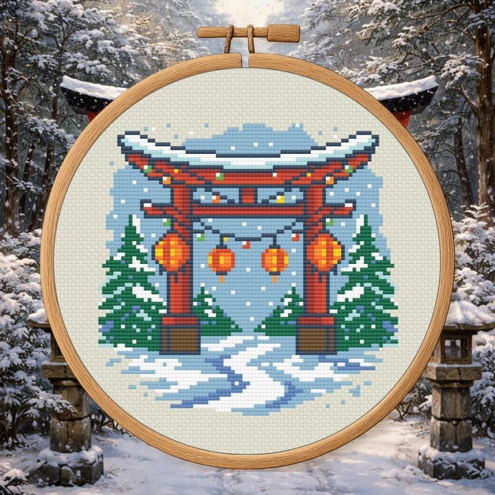 Winter Torii Path – Japanese Winter Shrine cross-stitch pattern preview
