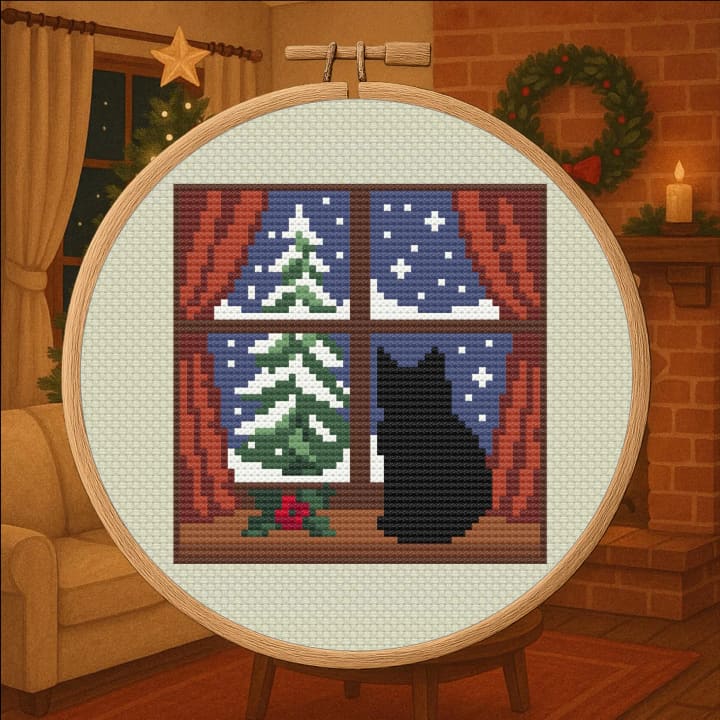 Winter Tree Watcher – Peaceful Cat Winter Scene cross-stitch pattern preview