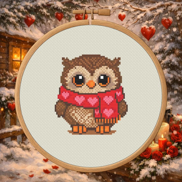 Winter Valentines Owl with Hearts ( cross-stitch pattern preview