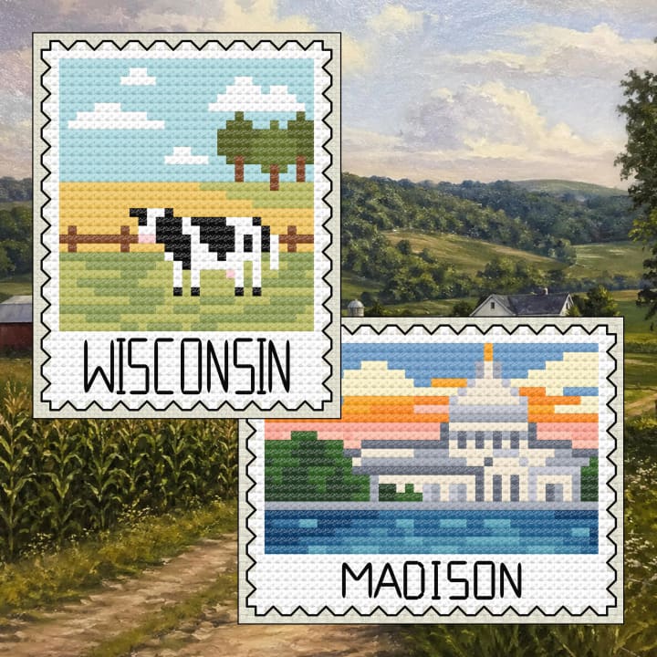 Wisconsin Bundle: Wisconsin Dairy Farm Stamp + Madison Capitol Skyline Set cross-stitch pattern preview