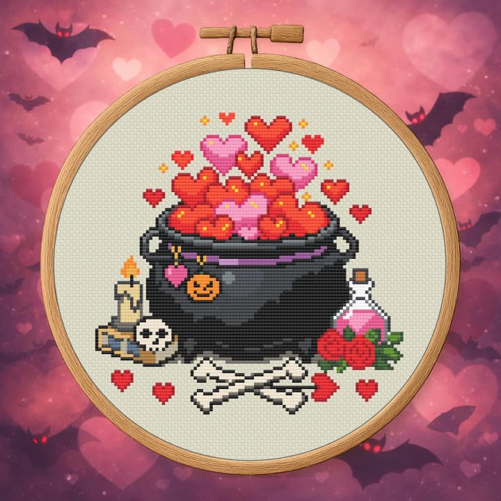 Witch's Valentine Brew – Spooky Love Potion cross-stitch pattern preview
