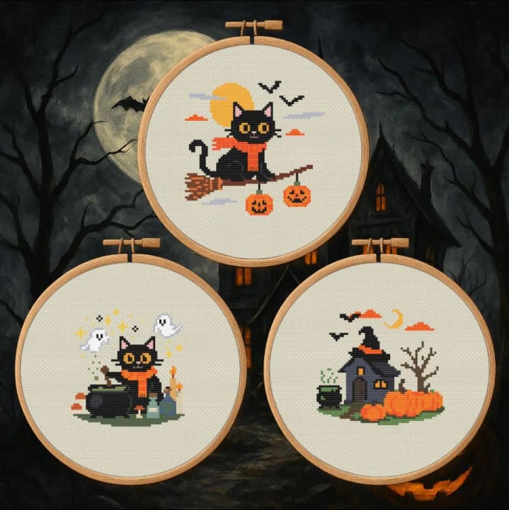 Witchy Cat Trio: Halloween Alchemy cross-stitch pattern preview