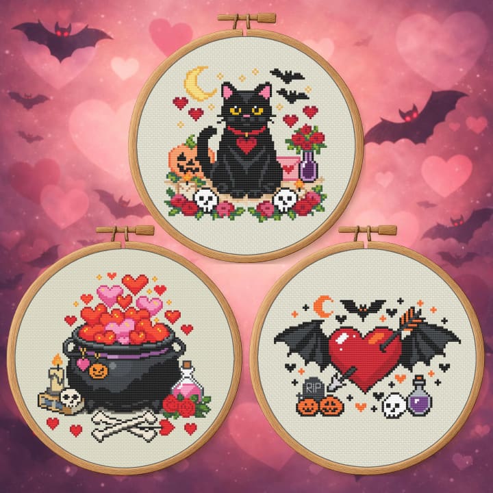 Witchy Valentine Cross Stitch Bundle – Spooky Cat Familiar, Heart Cauldron & Bat-Wing Heart Patterns cross-stitch pattern preview