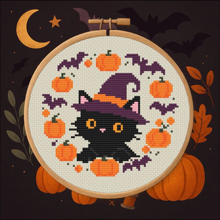 Witchy Whiskers – Halloween cross-stitch pattern preview