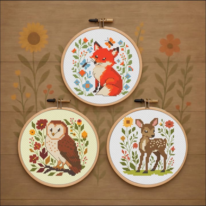 Woodland Bundle: Fox, Owl, Deer cross-stitch pattern preview