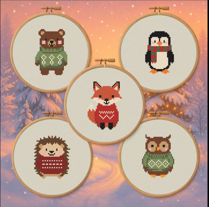 Woodland Winter Animals – 5 patterns – Winter Animal Bundle cross-stitch pattern preview