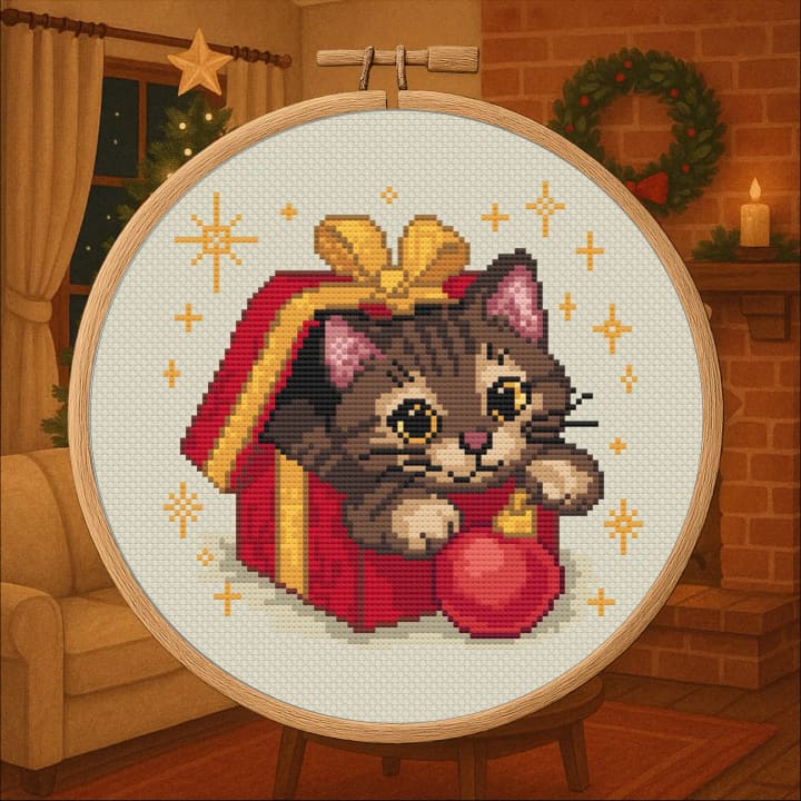 Wrapped with Whiskers – Festive Kitty cross-stitch pattern preview