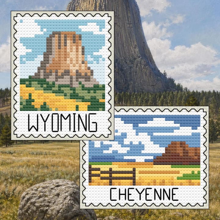 Wyoming Bundle: Wyoming Devils Tower Stamp + Cheyenne Prairie Landscape Set cross-stitch pattern preview