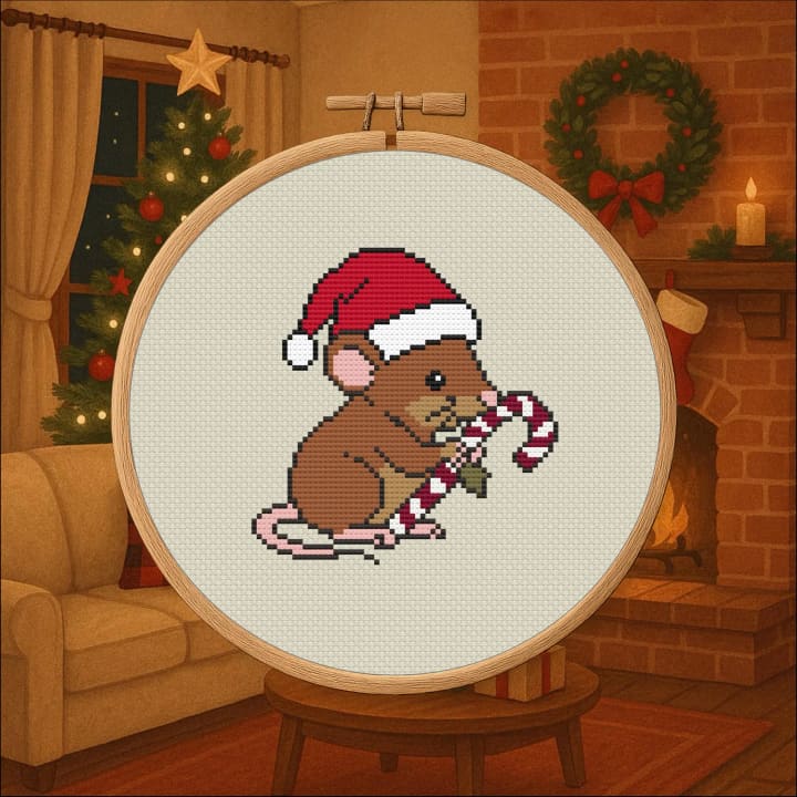 Yuletide Critters – Mouse cross-stitch pattern preview