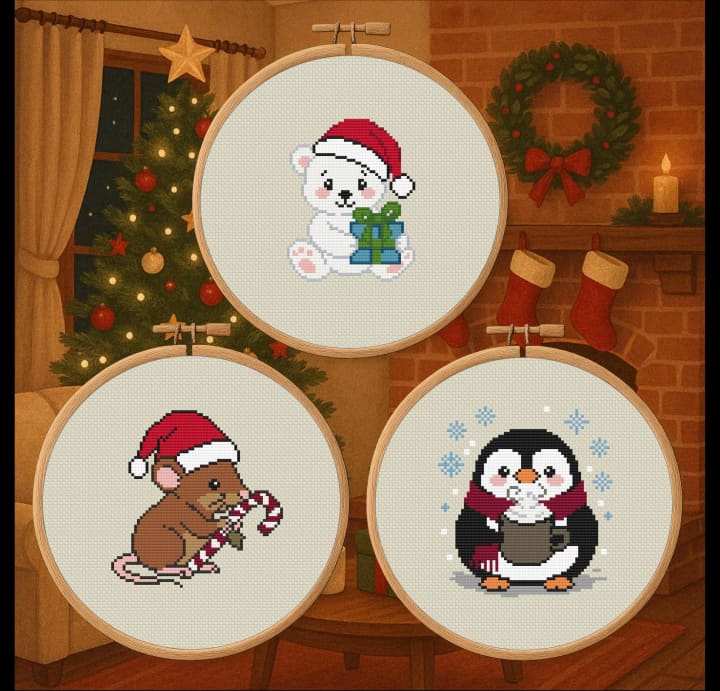 Yuletide Critters – Polar Bear, Penguin & Mouse Bundle cross-stitch pattern preview